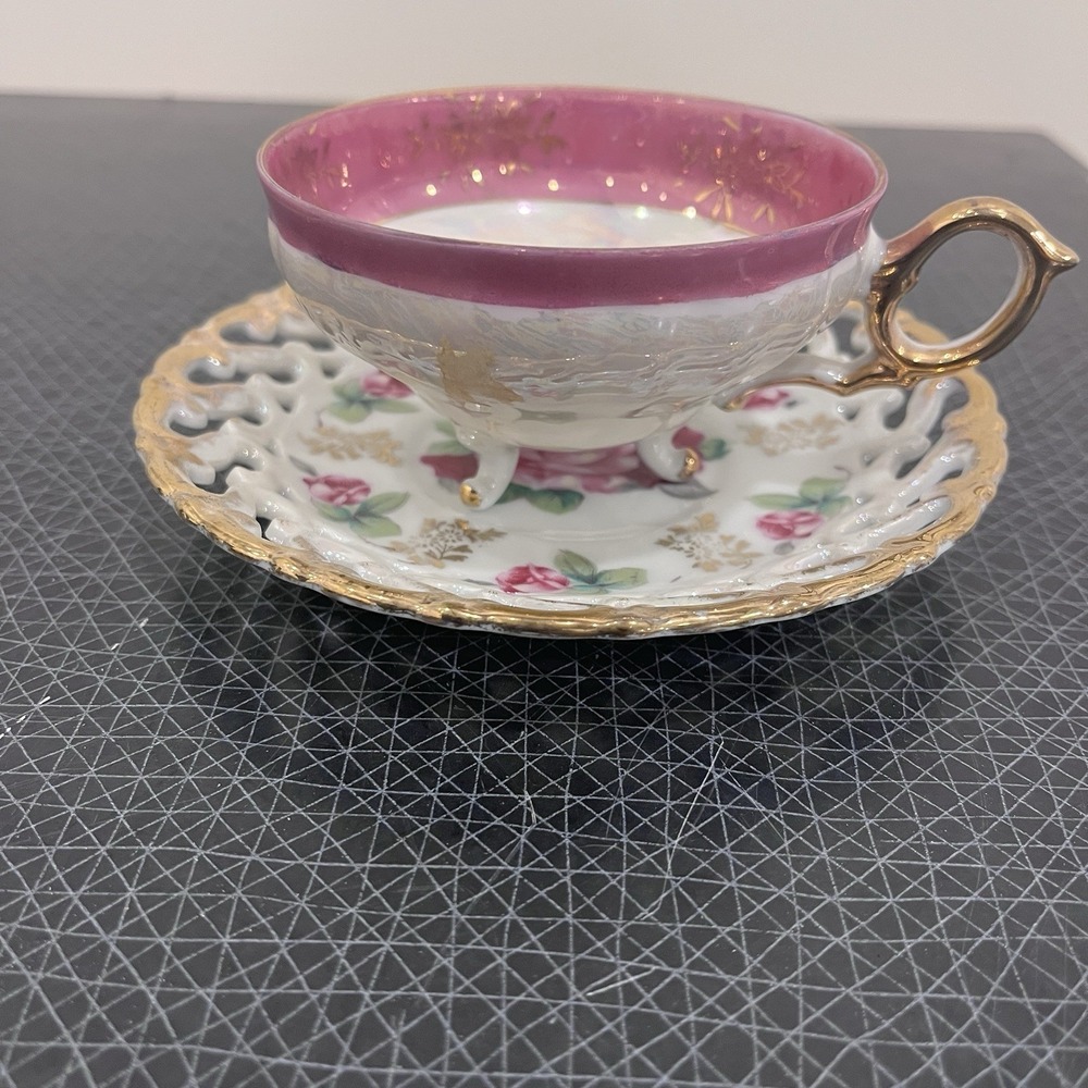 Vtg Nasco Japan Tea Cup Saucer Pink Roses Flowers Floral Golden Reticulated